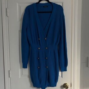 Blue Double-Breasted Women's Sweater Dress